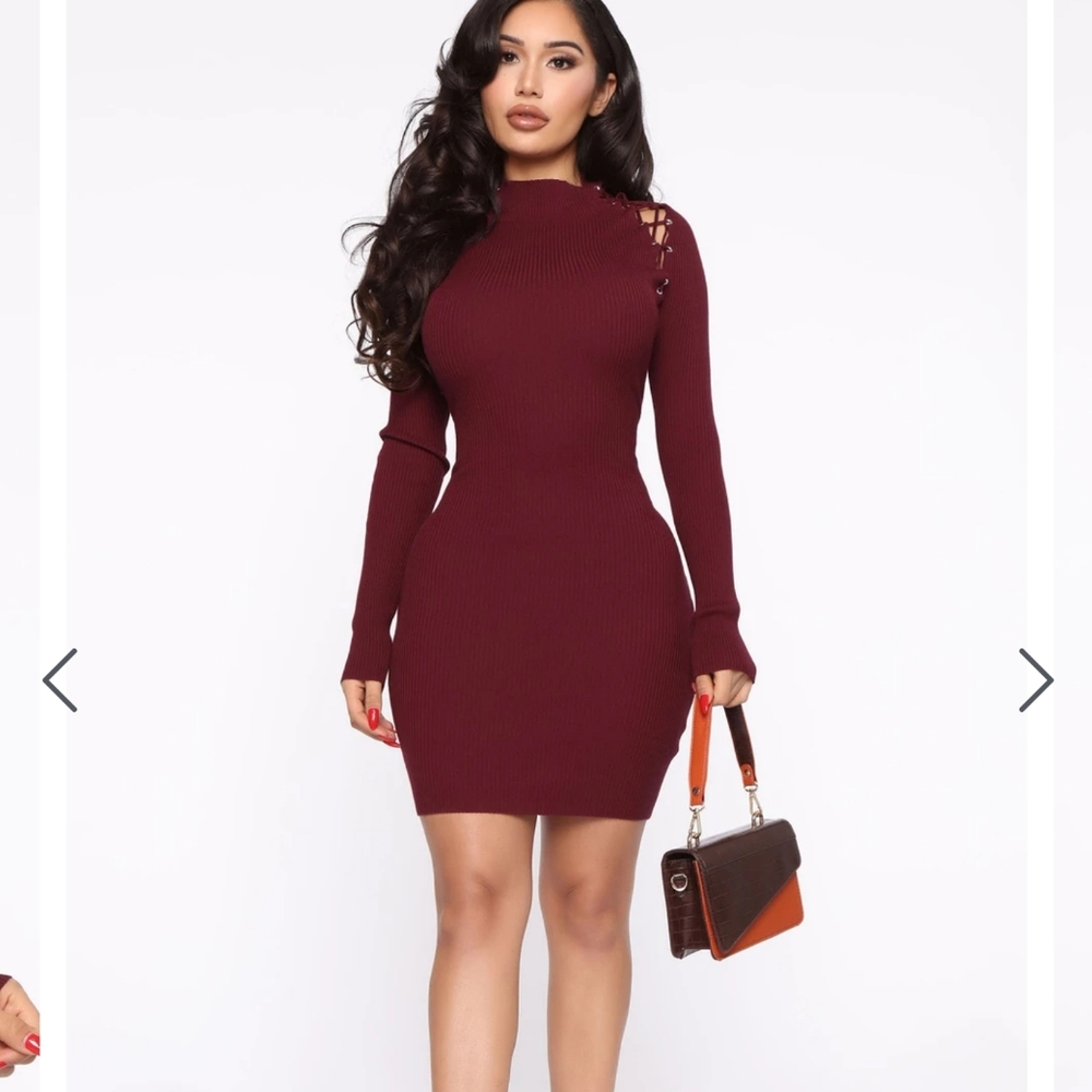 Fashion Nova Burgundy Long Sleeve Dress